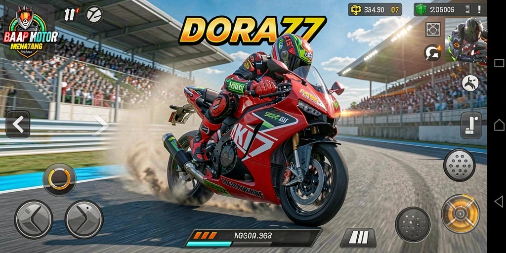 Screenshot gameplay DORA77 yang menunjukkan aksi balap motor yang cepat.