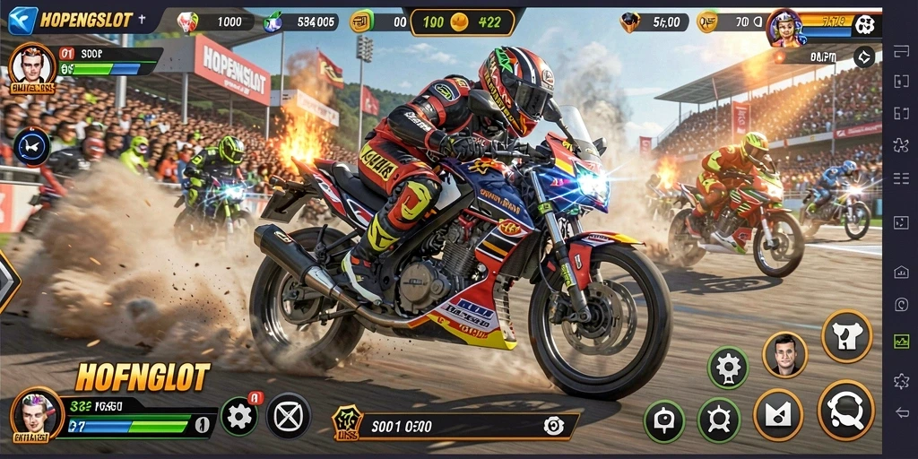 Screenshot gameplay HOPENGSLOT dengan motor balap yang melaju kencang di lintasan.
