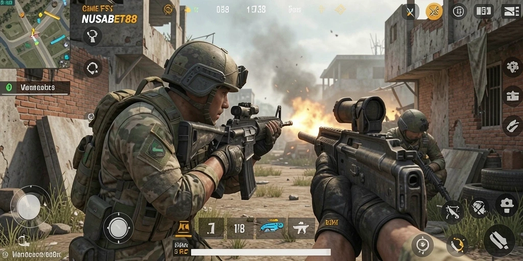 Gambar menampilkan aksi intense NUSABET88 dalam pertempuran FPS.