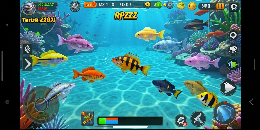 Screenshot RPZZZ menampilkan pemain berburu ikan berwarna-warni.