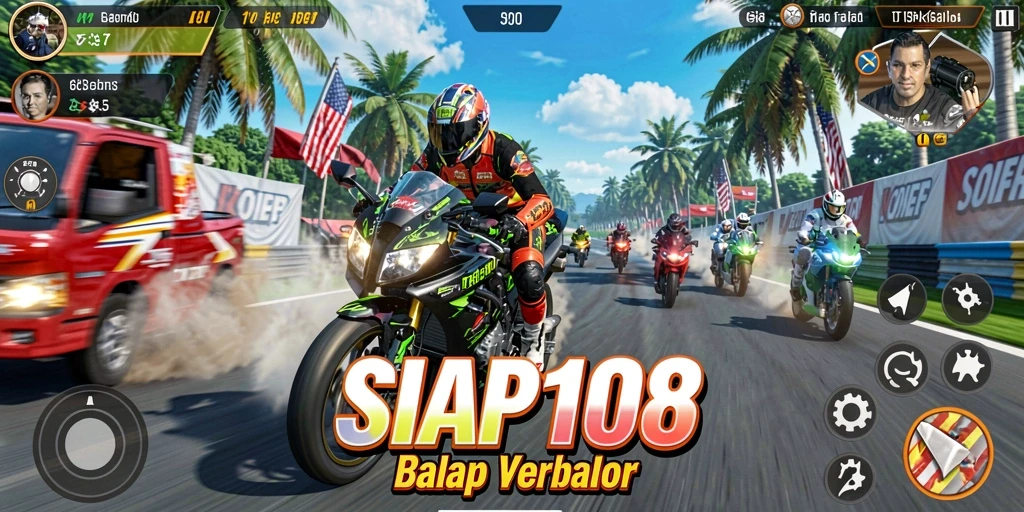 Screenshot menunjukkan aksi balap motor yang mendebarkan dalam SIAP108.